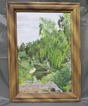 Картина Река в лесу, Новакович, 1984 г, картон, масло, размер 40,5х28 см  (34)